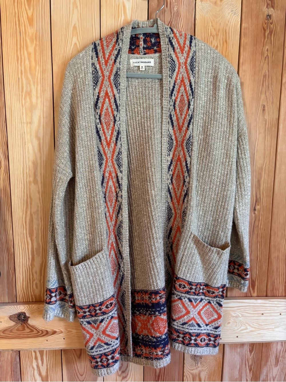 Lucky Brand Beige Open-Front Cardigan with Orange and Navy Aztec Trim